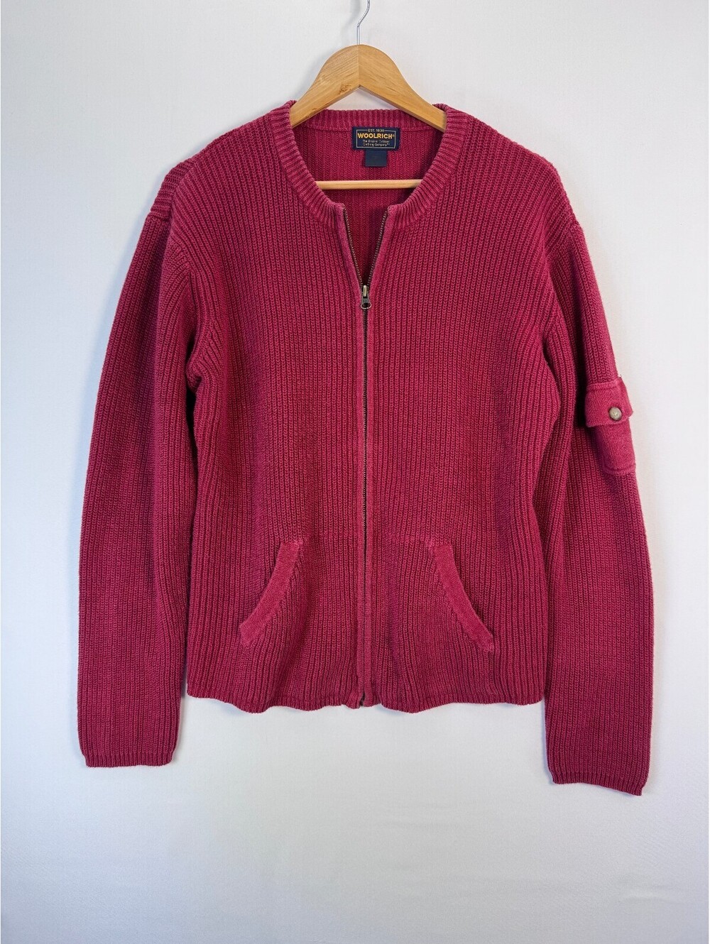 Woolrich Vintage Ribbed Full Zip Cardigan Cargo Pocket Sweater Womens XL Ruby - Picture 1 of 10